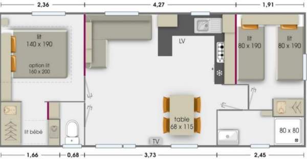 Plan hébergement mobil home RapidHome Premium 2 chambres